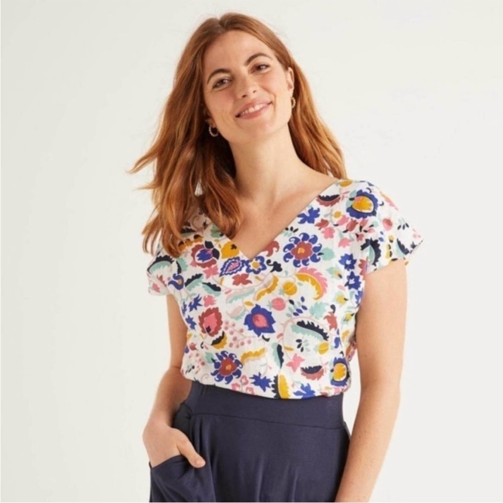 Boden Womens Alexandra Linen Floral Print V Neck Short Sleeve Top Size 4